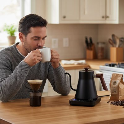 homme boit eau de petite bouilloire electrique compact express