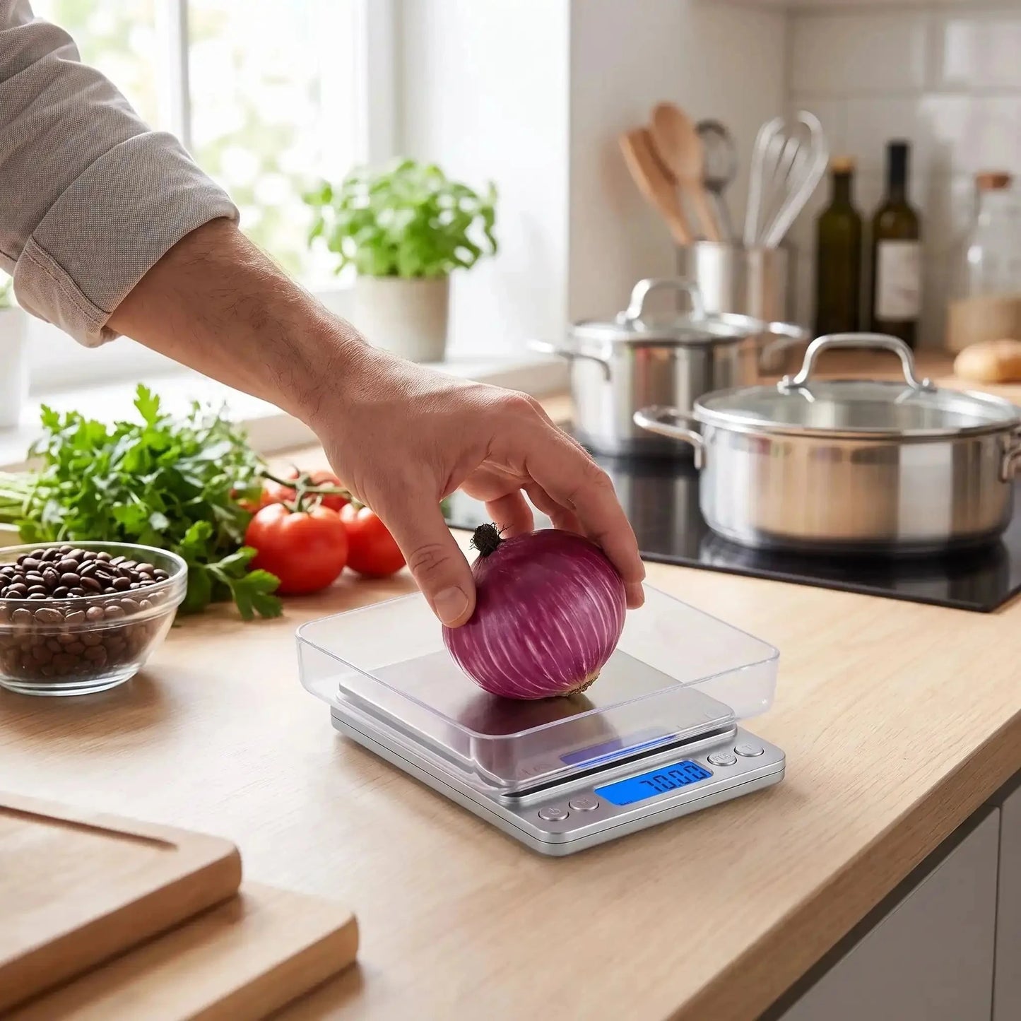 homme utilise balance de cuisine ionscale