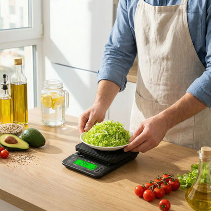 homme utilise balance de cuisine mesuro