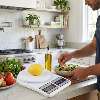 homme utilise balance de cuisine peseo