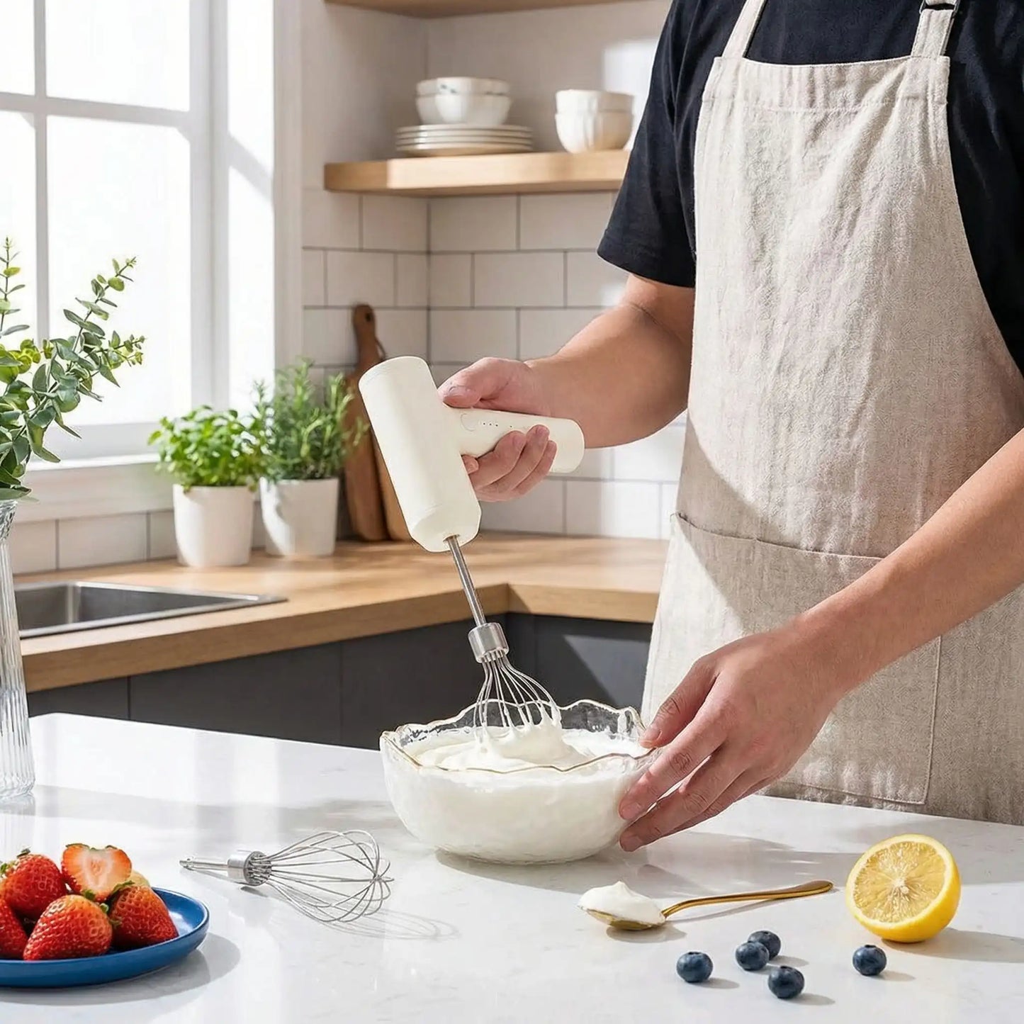 homme utilise batteur electrique creamix