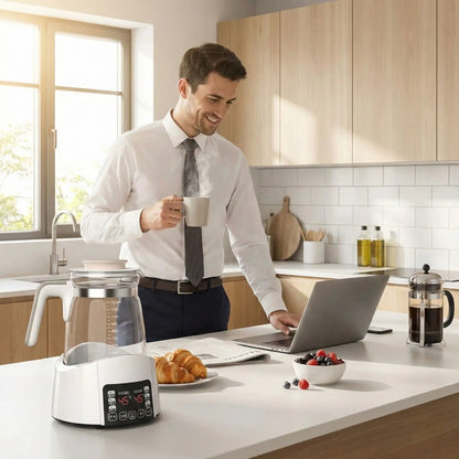 homme utilise bouilloire electrique dans cuisine