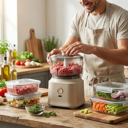 homme utilise hachoir a viande electrique pro gourmet