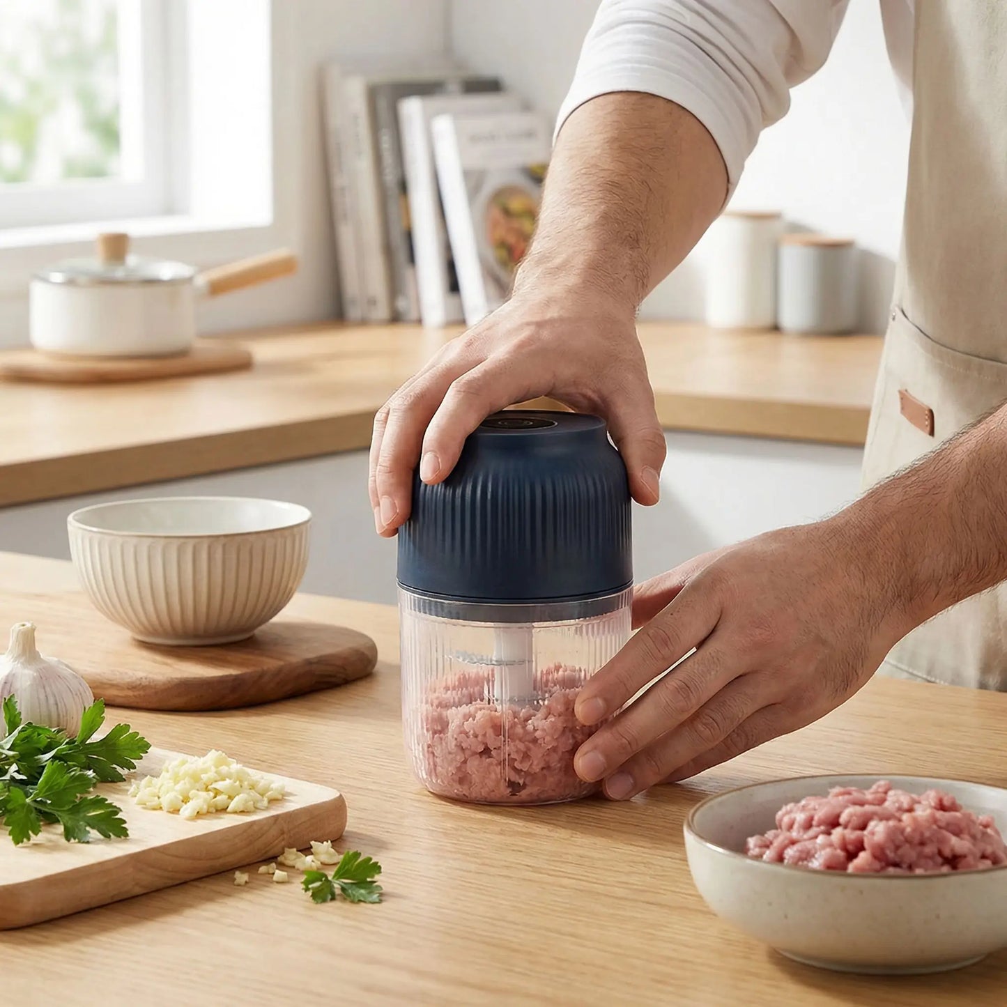 homme utilise hachoir electrique cuisichop