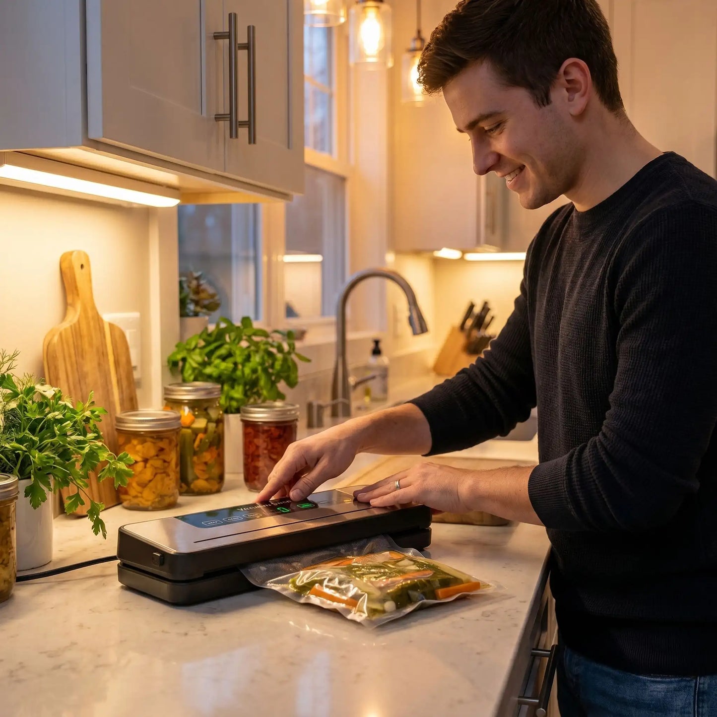 homme utilise machine sous vide sealmaster
