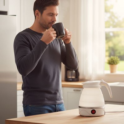 homme utilise mini bouilloire compact+