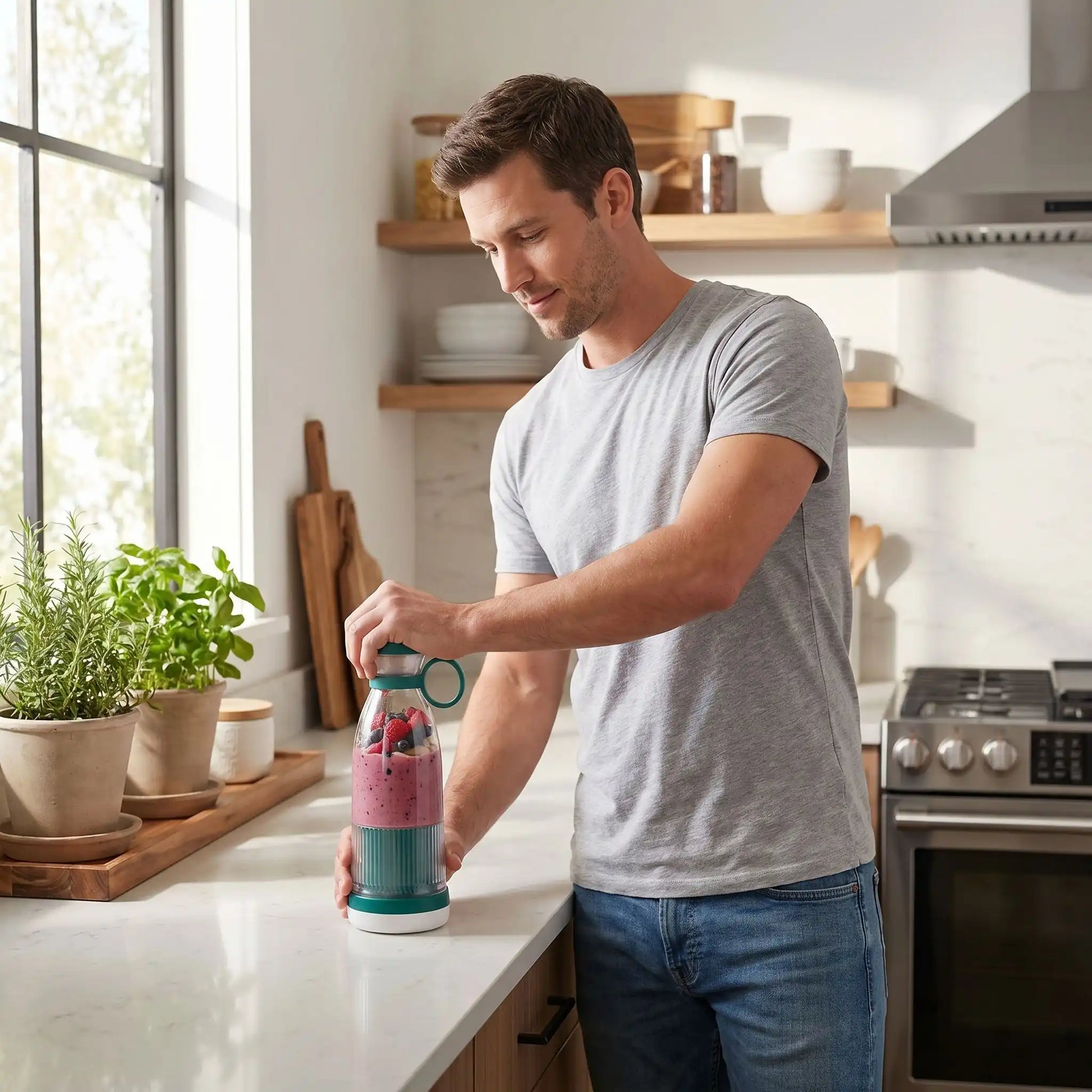 homme utilise mixeur portable blendix