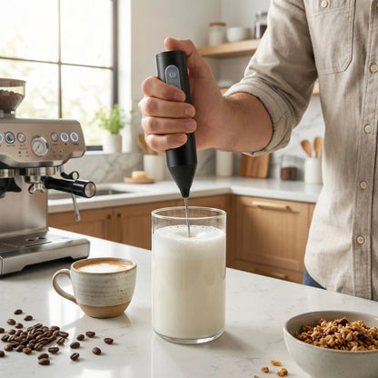 homme utilise mousseur a lait electrique electrofoam