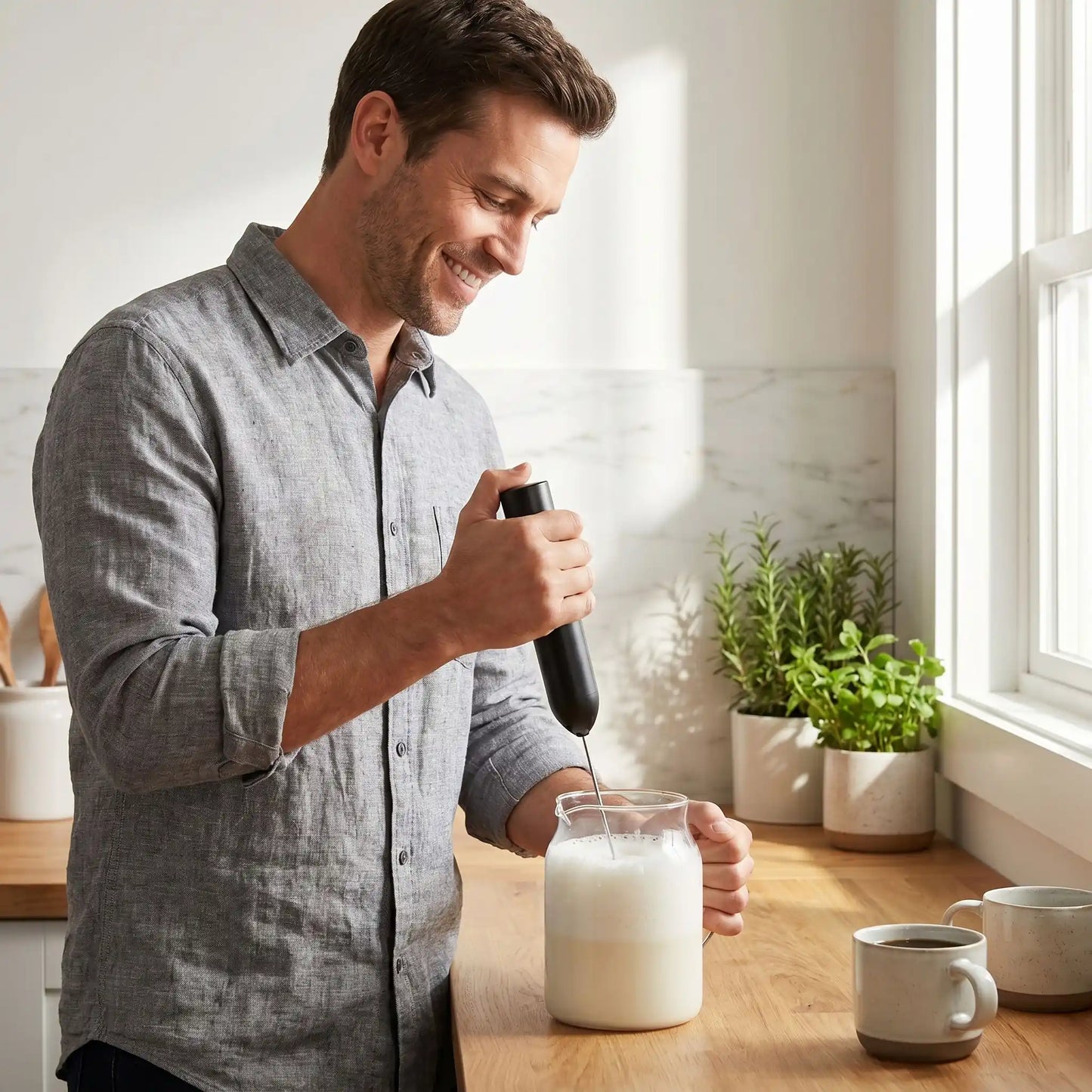 homme utilise mousseur de lait doucemousse