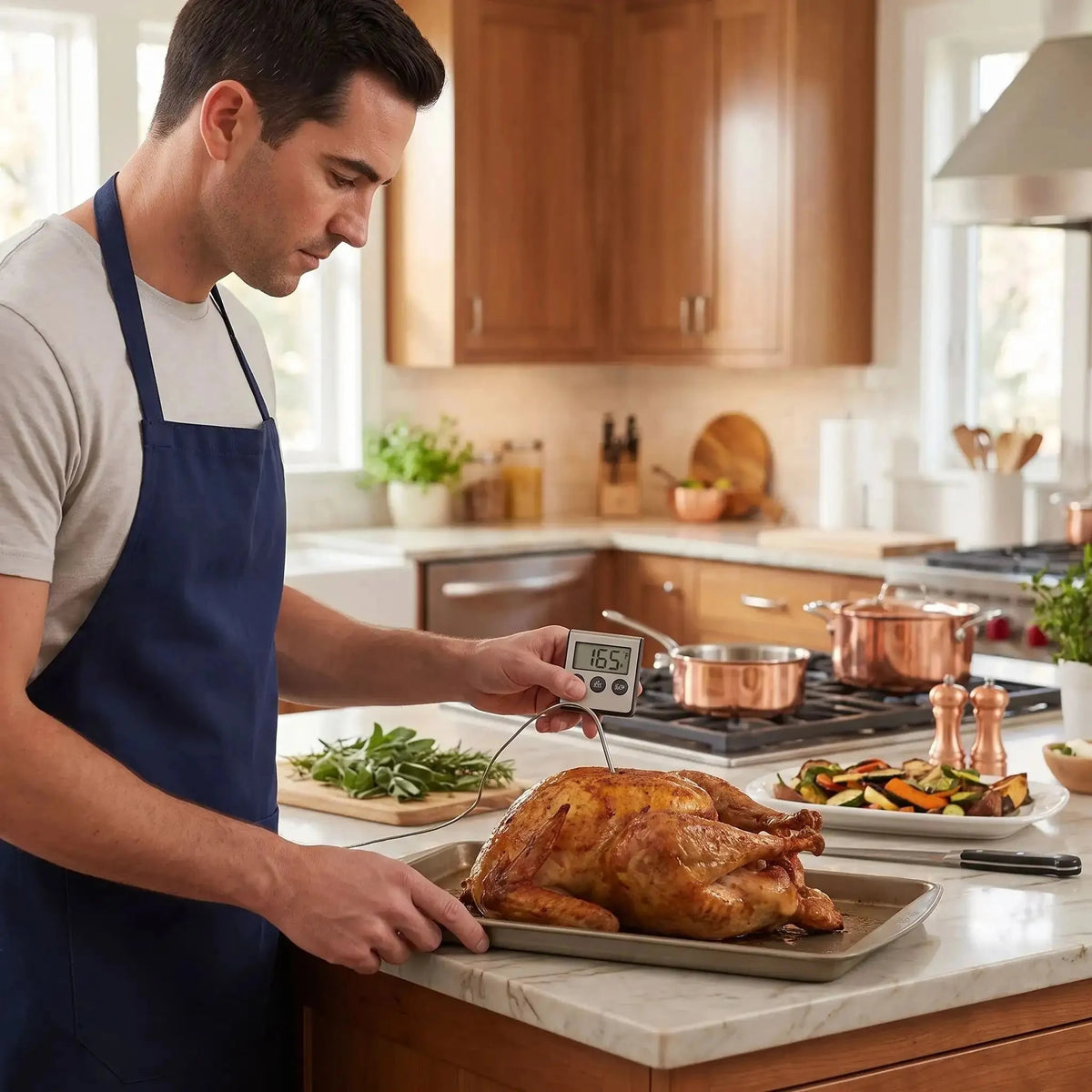 homme utilise thermometre cuisine precis pro pour dinde