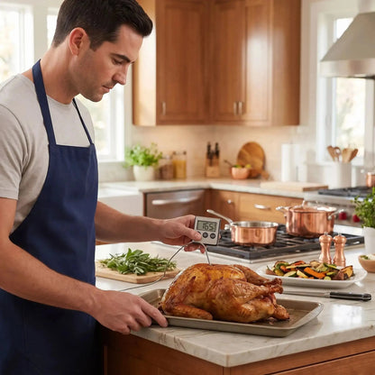 homme utilise thermometre cuisine precis pro pour dinde