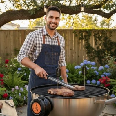 homme utilise thermometre de cuisson tempx dehors