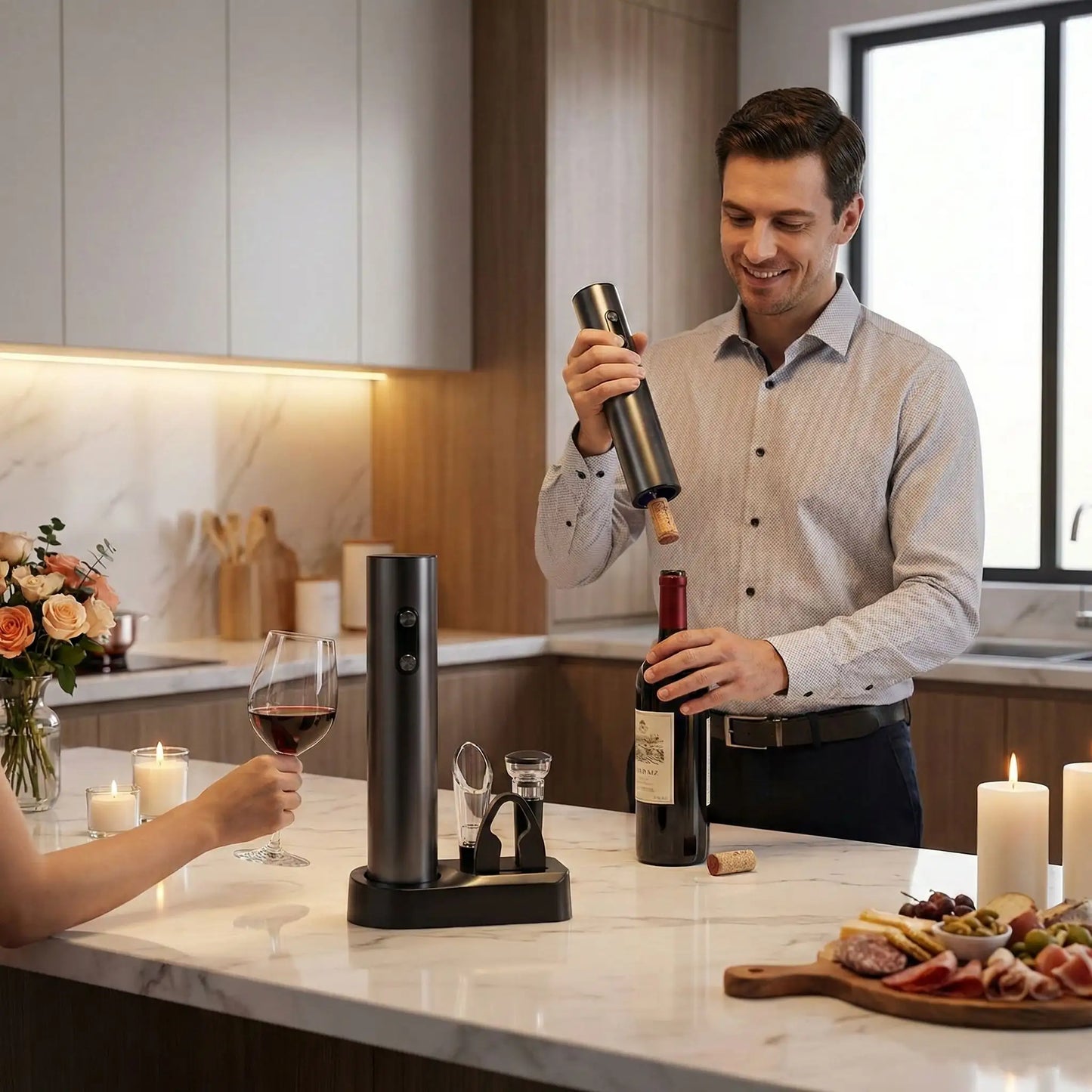 homme utilise tire bouchons electrique VinoVolt