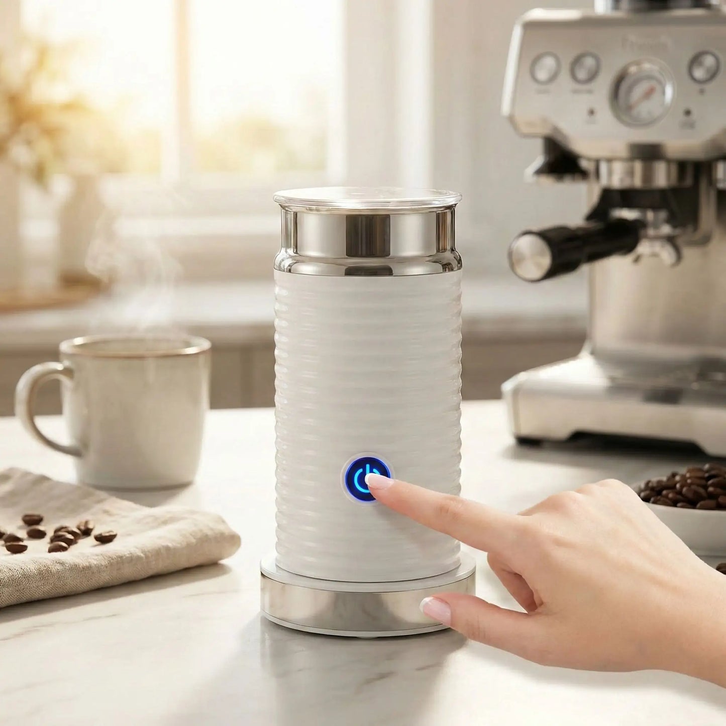 main actionne mousseur lait AeroFoam