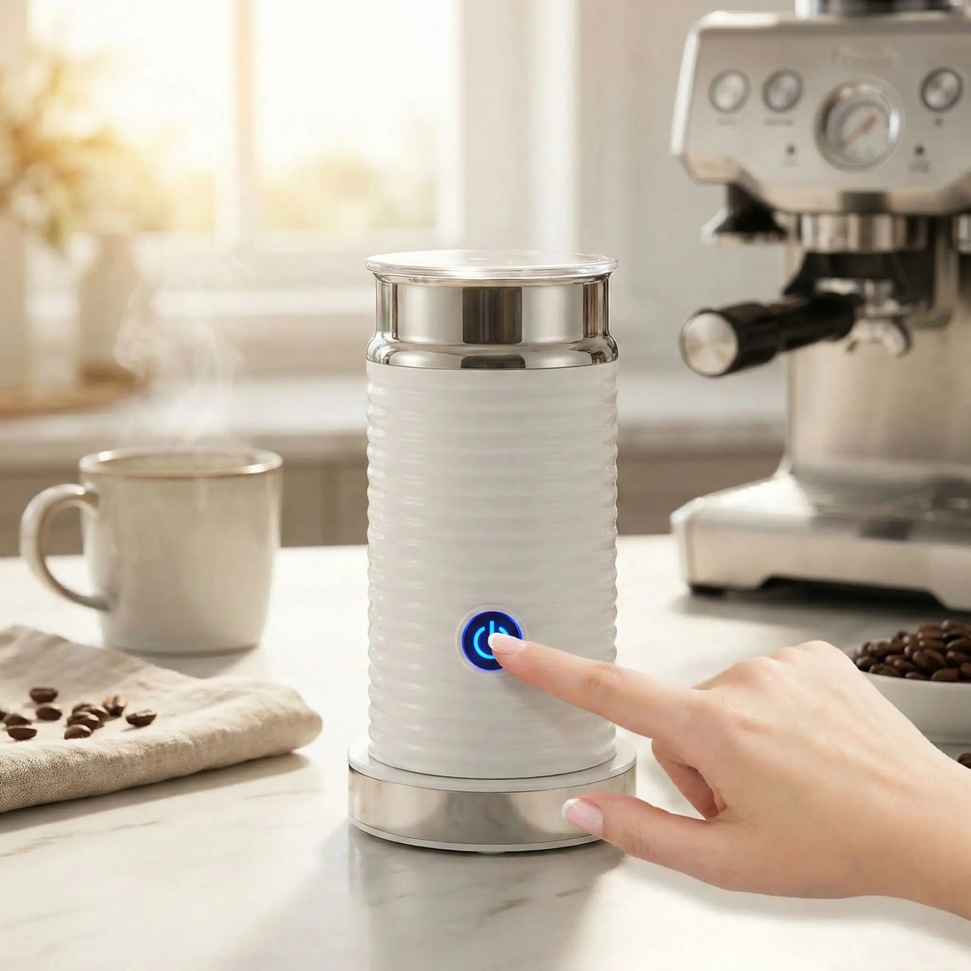 main actionne mousseur lait AeroFoam