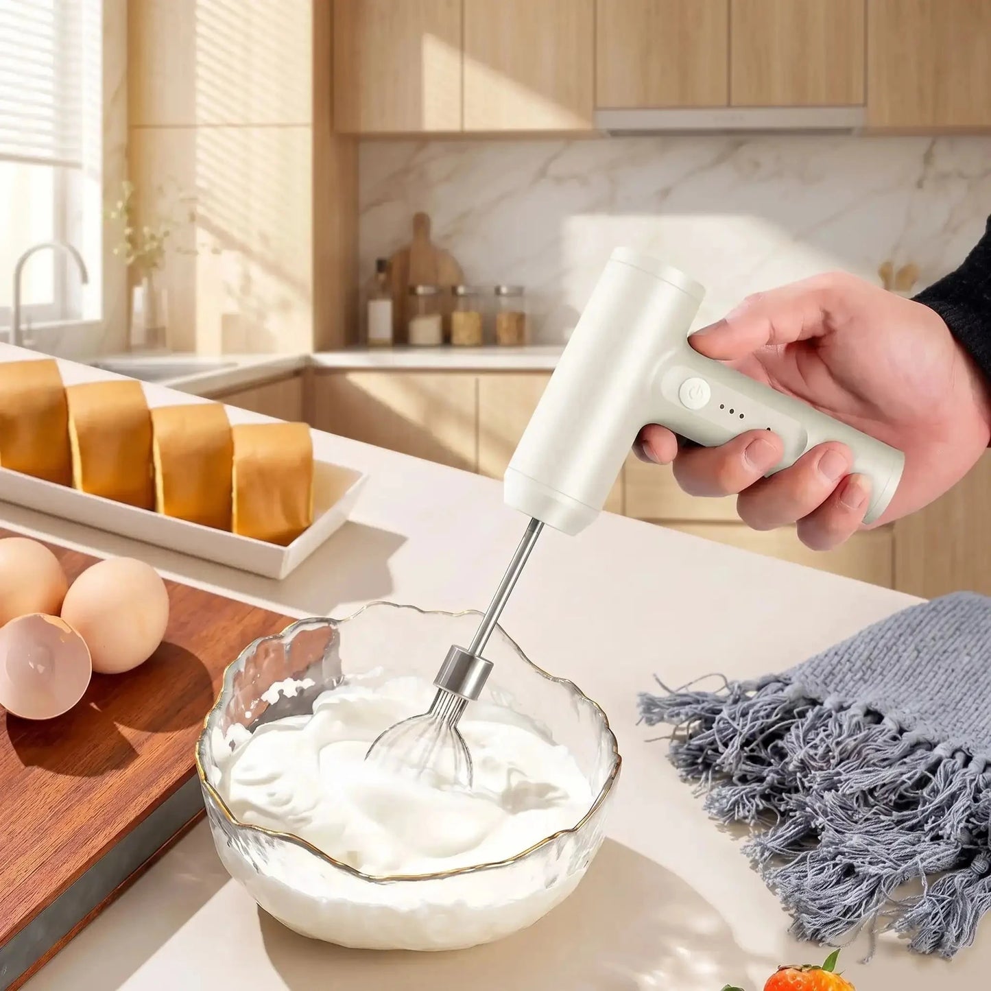 main qui utilise batteur electrique creamix pour oeufs