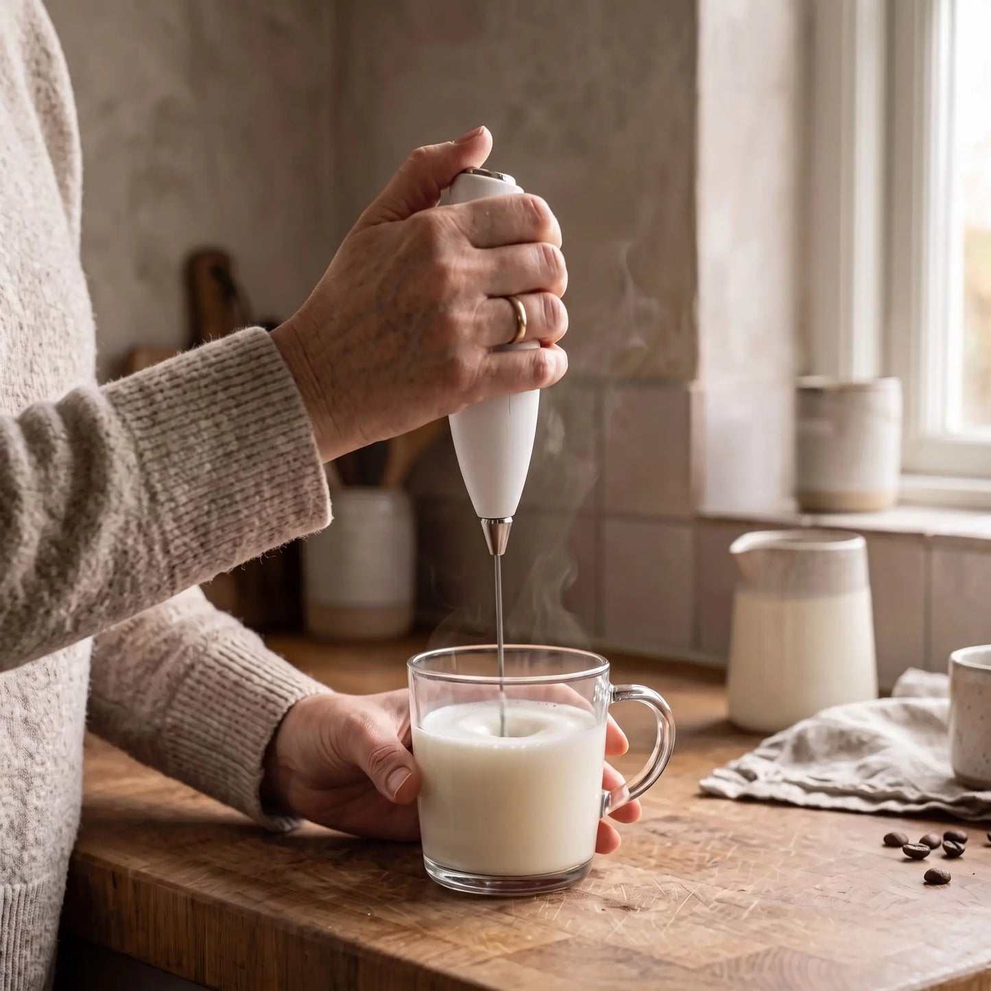 mains dame utilise mousseur a lait electrique frothx