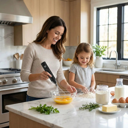maman utilise mousseur à lait électrique pour oeufs