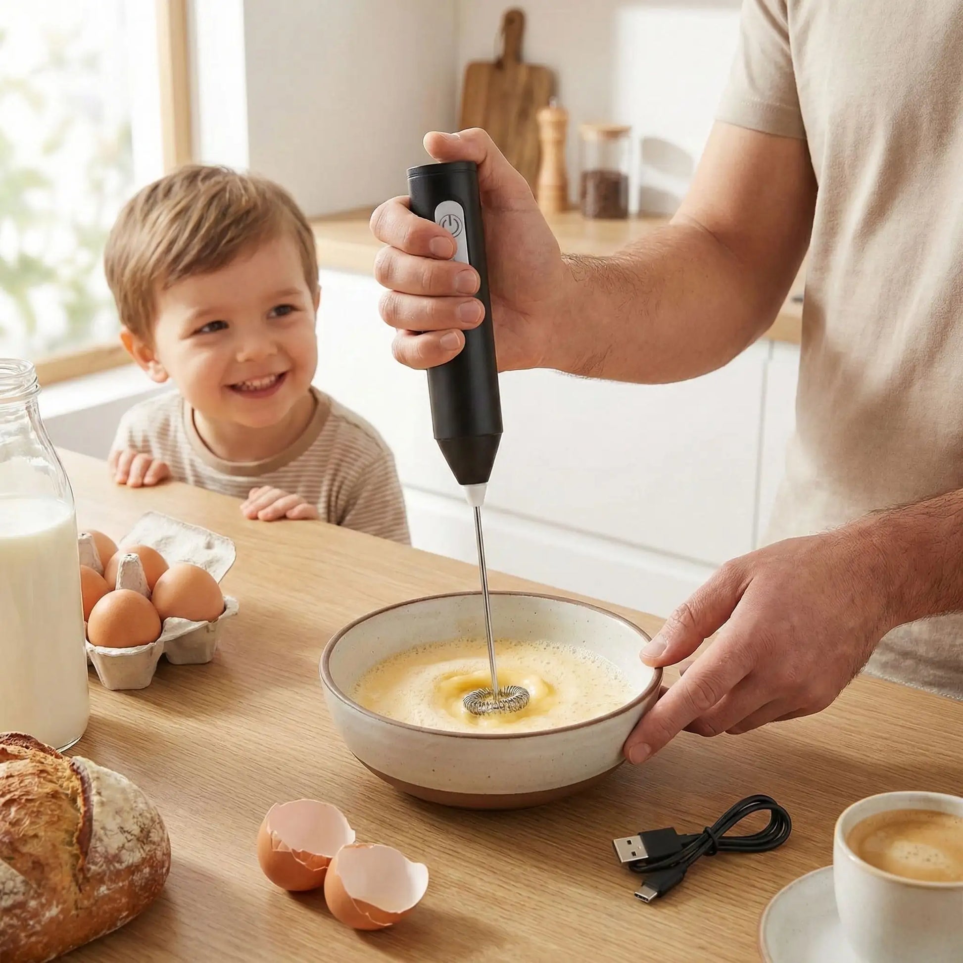 papa utilise mousseur à lait électrique BaristaPro pour oeufs